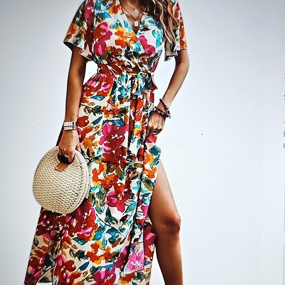 New CCTOO Colorful V Neck Short Sleeve Flowy Maxi Dress w Side Slit & Belt XL - Picture 1 of 14